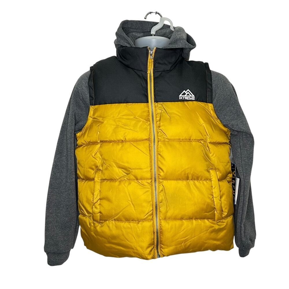 iXTREME Boys Yellow Gray Mixed Media Puffer Vest Fleece Hooded Jacket